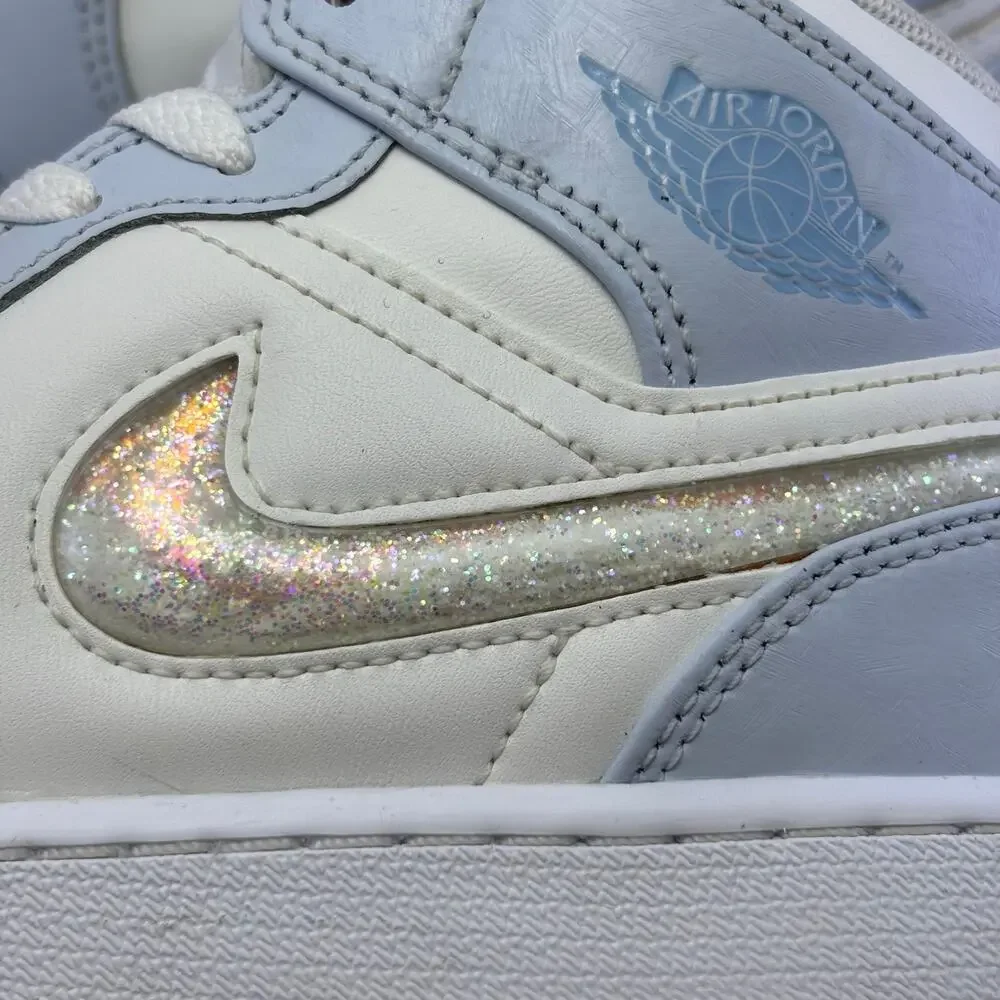 JORDAN 1 Mid SE GS “Glitter Swoosh” Blue Tint Ice Shoes Size Youth Girls 4Y